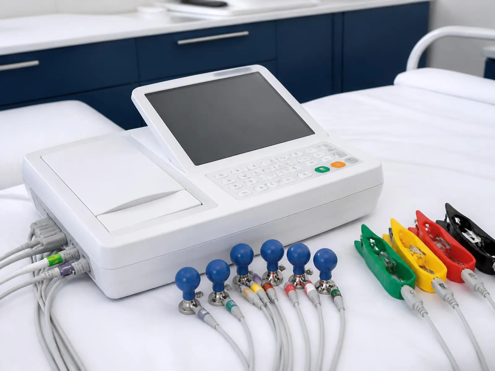 EKG prístroj s pripravenými elektródami na vyšetrovacom lôžku