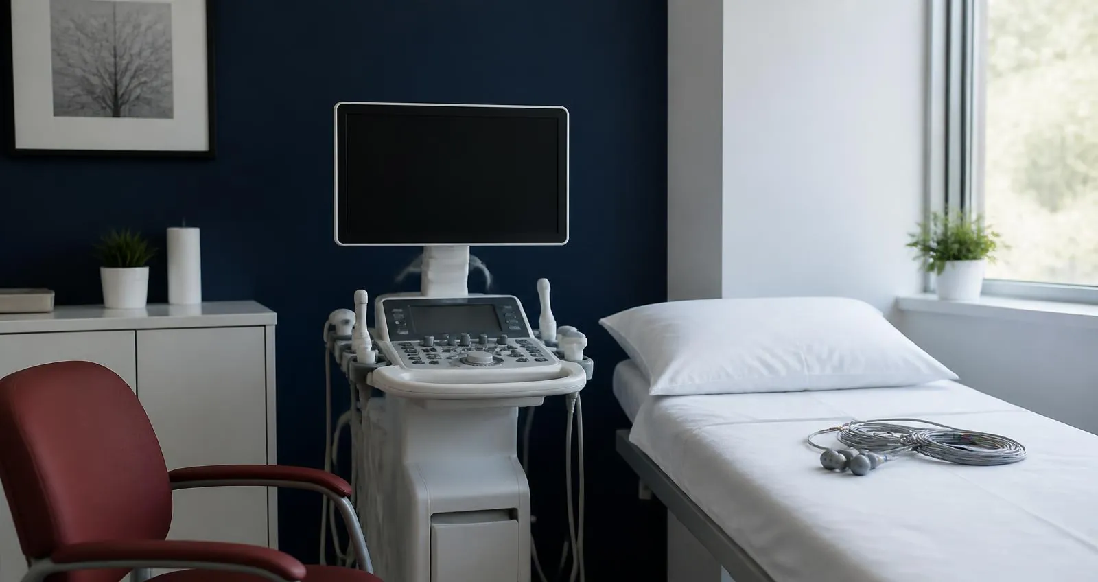Pokojná ambulancia s prístrojom na ultrazvuk srdca, vyšetrovacím lôžkom a zvinutými EKG káblami