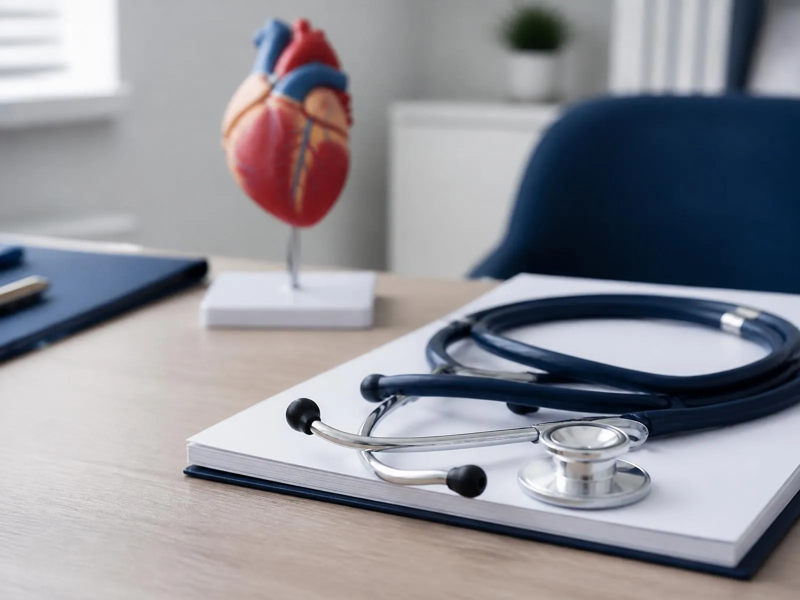 Fonendoskop a anatomický model srdca na stole v konzultačnej miestnosti